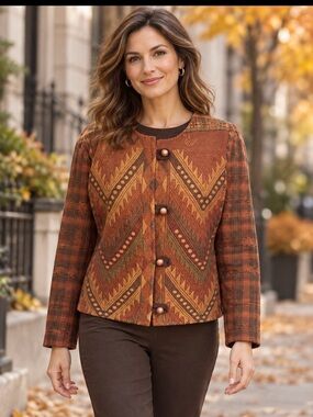 Vintage Women’s Autumn Chevron Jacquard Jacket in Rust toggle wood buttons